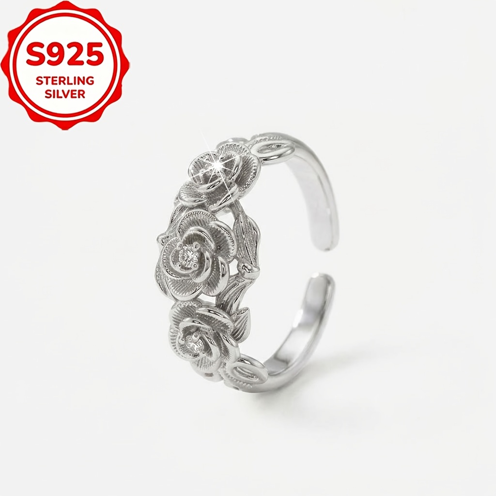 S925 Silver Inlaid Zirconia Retro Three Flowers Ring