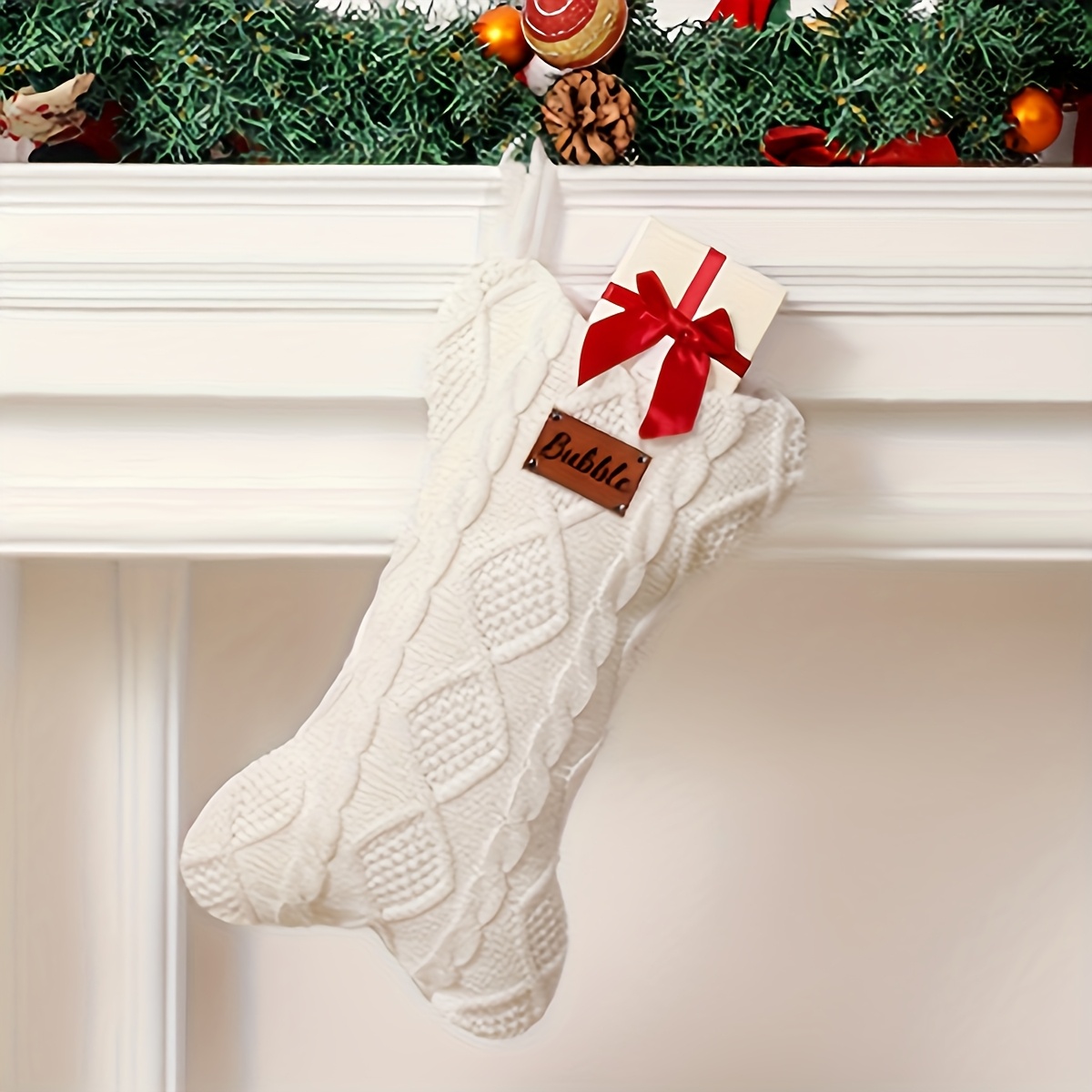 TEMU 1pc Personalized Large Bone-shaped Pet Christmas Stocking - Custom Name/number/message, Retro Santa Hat & Cats, Durable Pet Gift, Christmas Tree