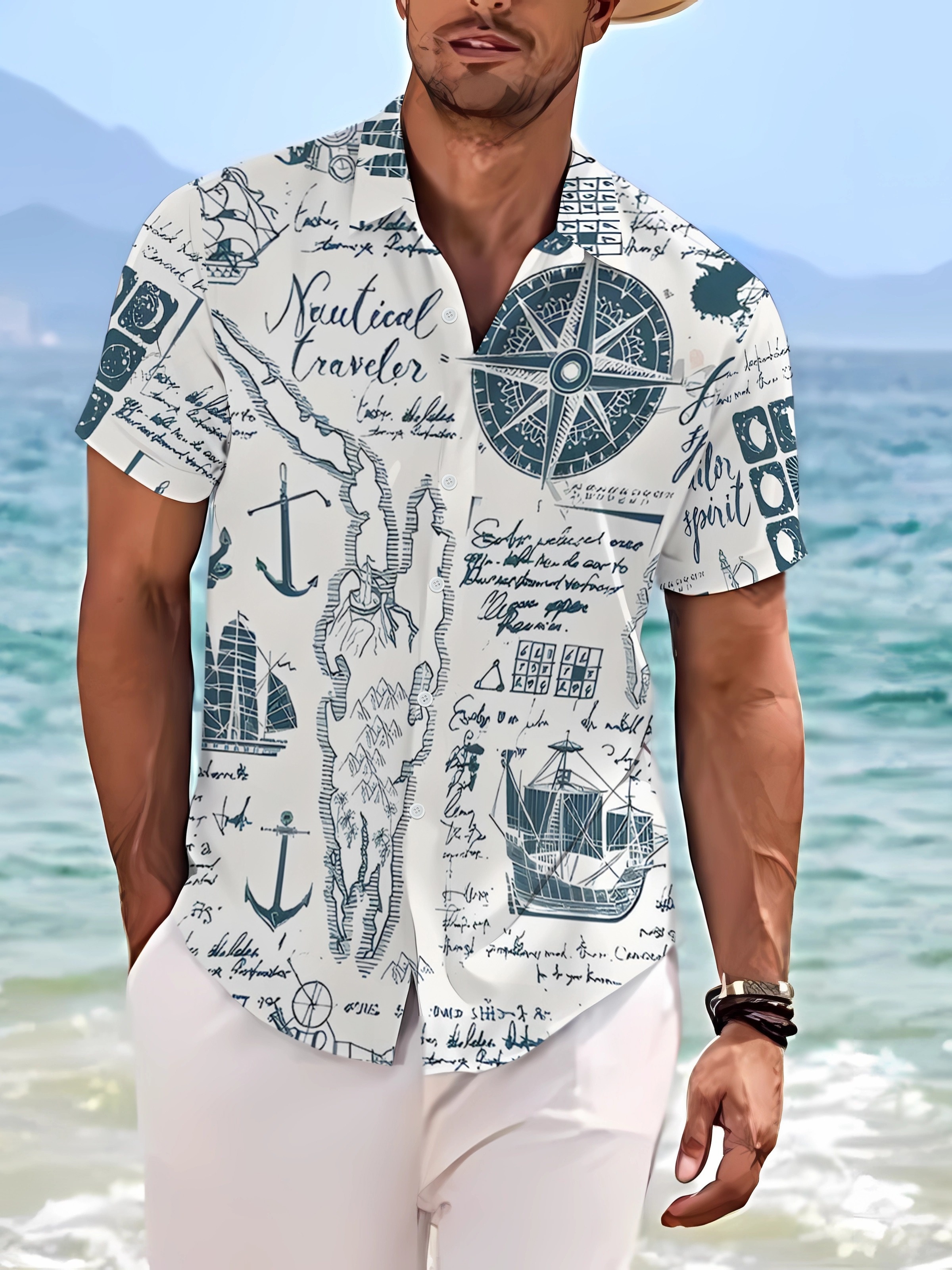 Nautical Theme Pattern Print Plus Size Men's Casual Short Sleeve Shirt, Breathable Stylish Shirt
