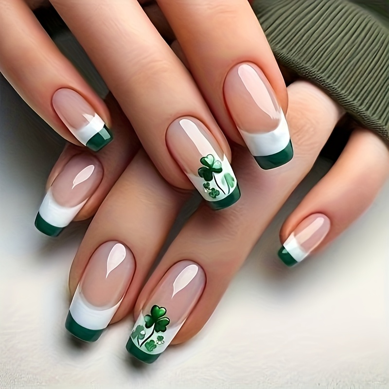 TEMU Uñas postizas cuadradas de media para pegar, puntas de uñas elegantes y modernas con verde de hojas, 24 piezas