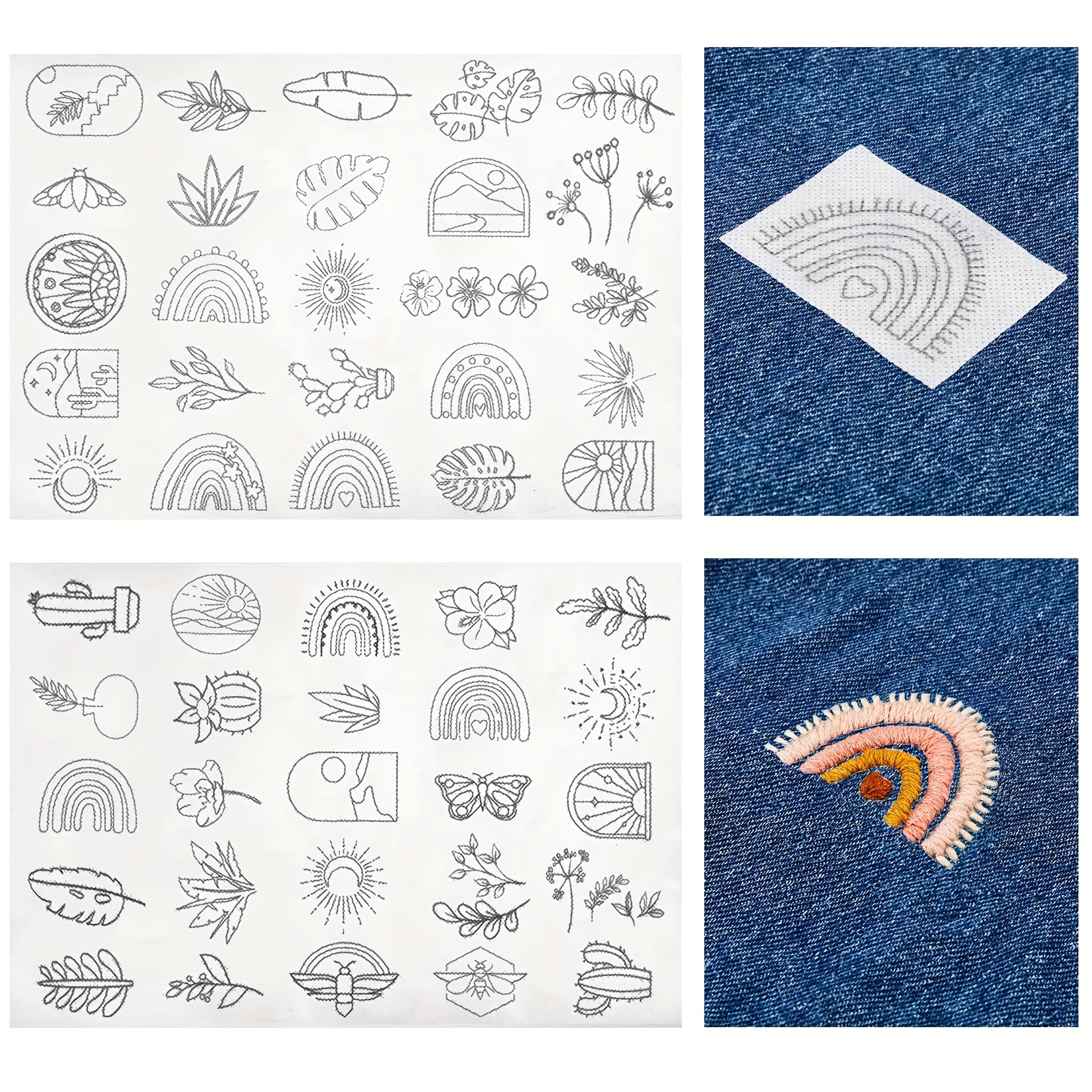 50pcs Water-soluble Embroidery - Rainbow & Greenery Designs, Non-woven Fabric For Diy Embroidery Projects, Includes Leaves, Flowers, And Nature-inspired Patterns