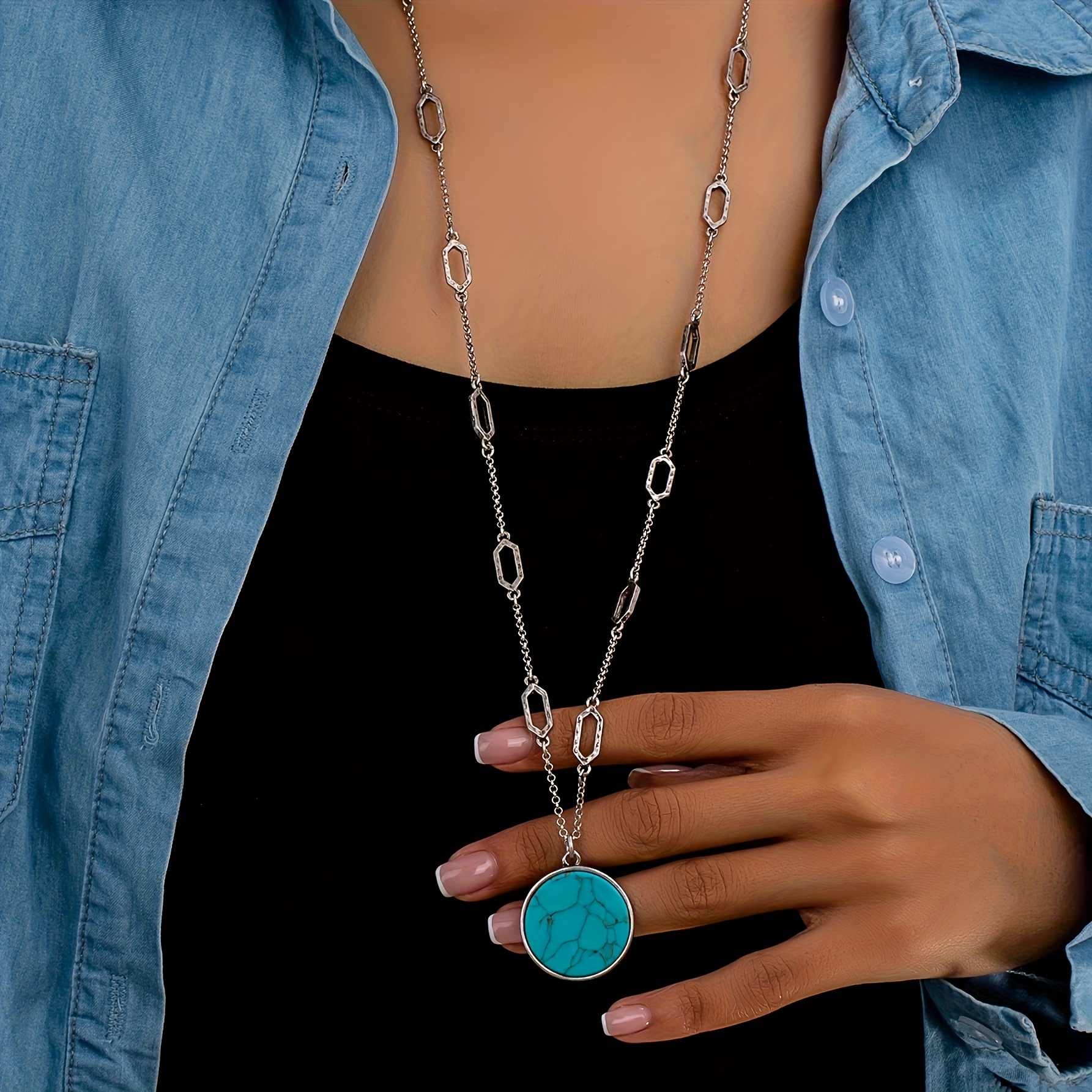TEMU Bohemian Vintage Fashion Style Round Pendant Women's Long Necklace, Suitable For Daily Wear And Beach Vacations