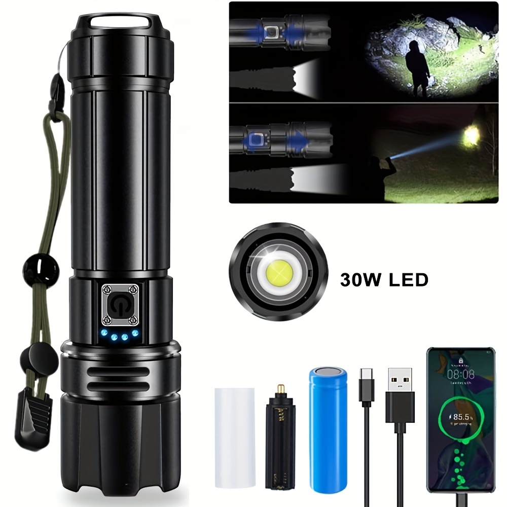 

30w Led Rechargeable Flashlights High , 5 Lighting Tactical Flashlight, Handheld Aluminum Alloy Flashlight, And Long-, For Home Emergency, Camping, Fishing, Dog Walking, Hunting, Car Maintenance