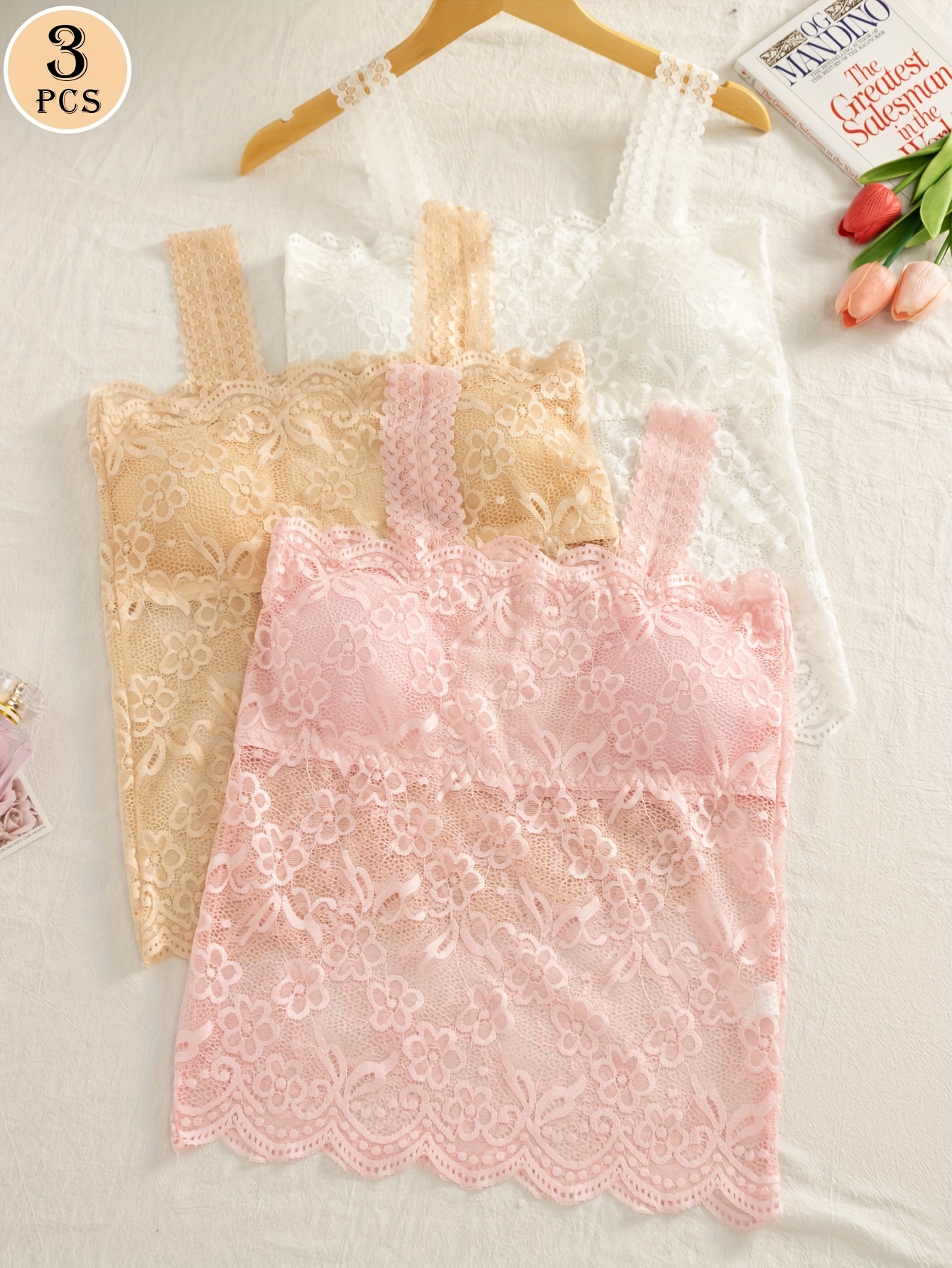 3pcs womens lace long camisole   with adjustable straps built in bra pads soft pink beige white contrast lace trim backless design for everyday   versatile lingerie elegant lingerie   support