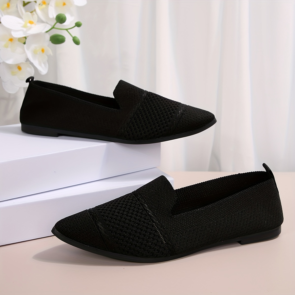 Elegant Ballet Flat Shoes For Women, Slip-On Breathable Soft Sole Daily Knitted Ballets, Point Toe Daily Wear