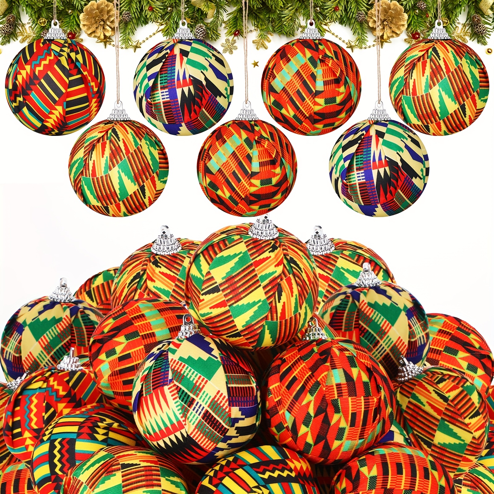 TEMU 16pcs African Black Christmas Tree Ornaments Fabric Balls Xmas Decorations Set Traditional African Print For Christmas Tree Decor