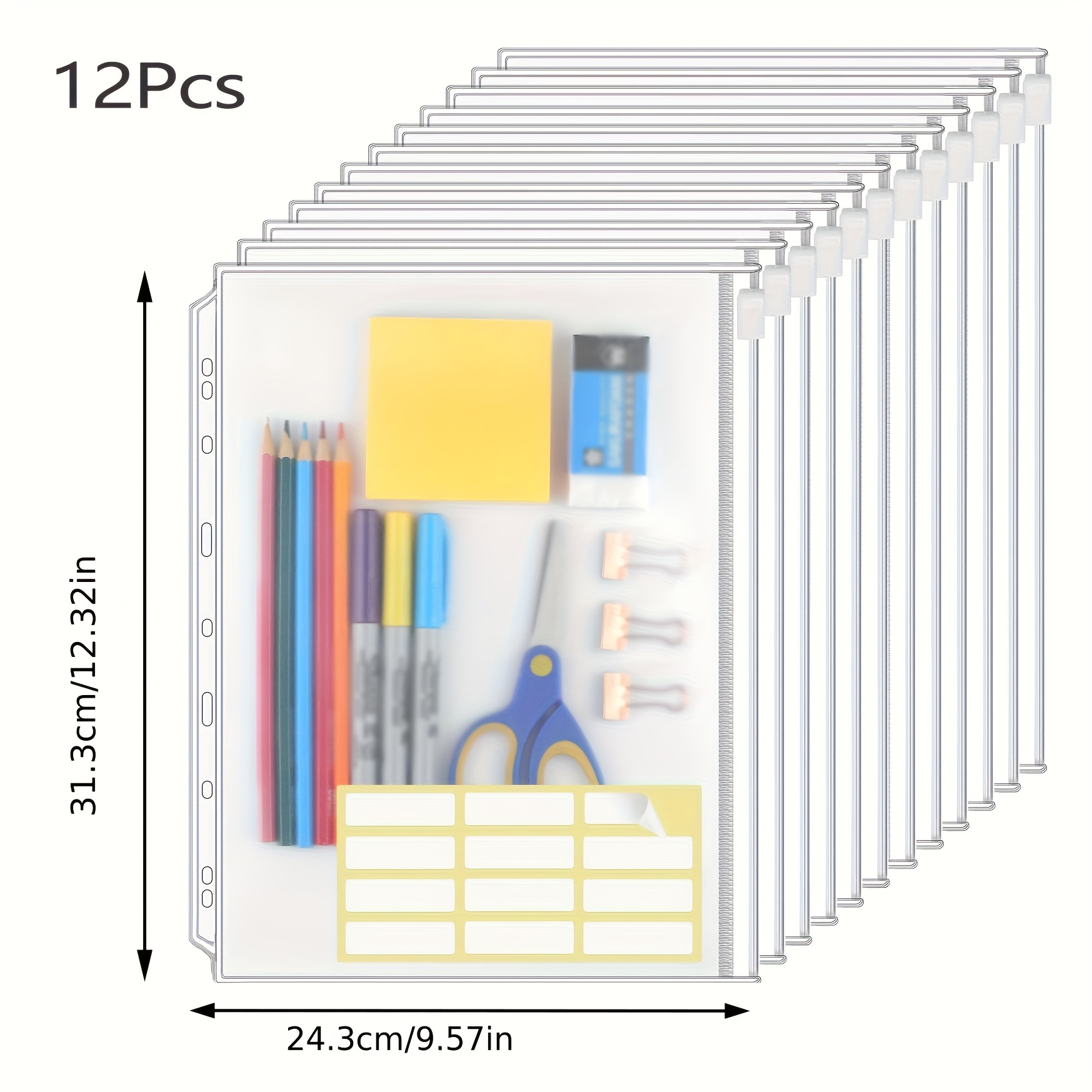12pack A4 Binder Pockets 9 Ring Binder Zipper Pouch 11 Holes Clear Pvc Loose Leaf Bags Document Folders For School Supplies Collection Album