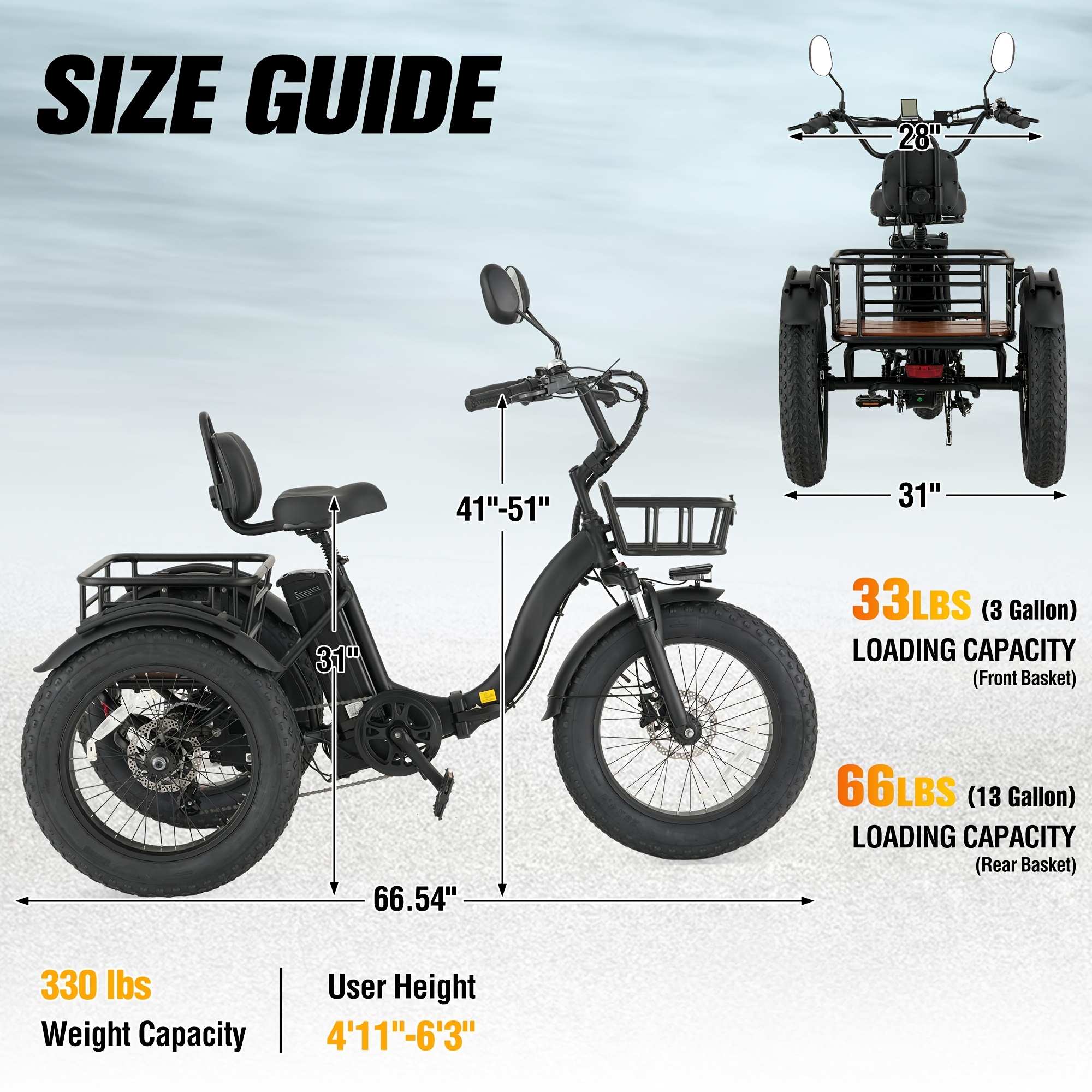 adult   749w motor 54 6v 13ah battery 20 x 4 inch folding fat tire 3 wheel   20 mph hydraulic brakes rear basket and differential Product details 3