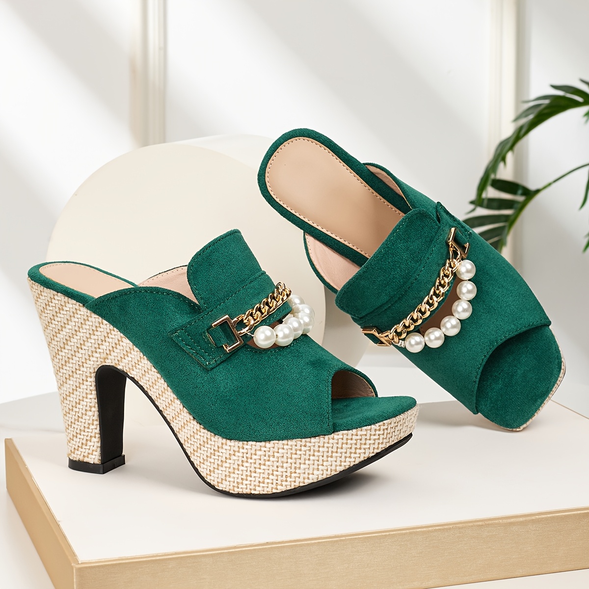 elegant womens chunky heeled sandals with a bohemian style featuring comfortable and pearl chain details   slip on shoes are versatile for casual   parties and dances women shoes Product details 6