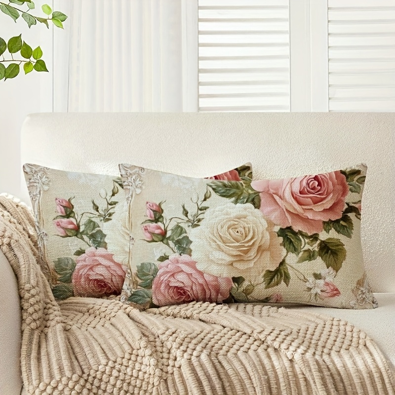 TEMU 2pcs Rose Floral Pillowcases - Elegant 80s Style, 12x20 Inches, Double-sided Print, Soft Polyester Fiber, Zipper Closure, Living Room Decor,