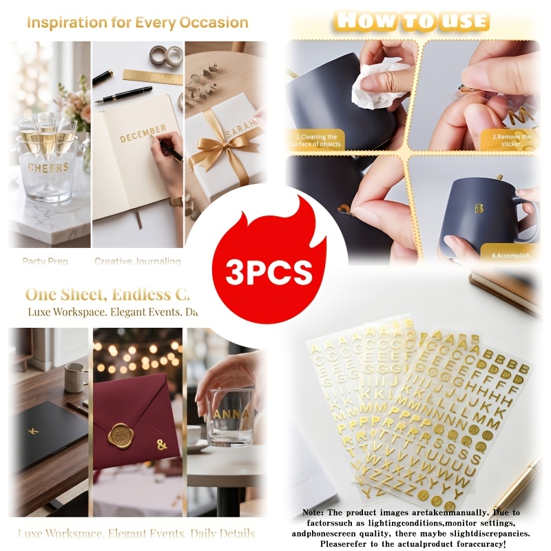 TEMU Perfect Decoration 18.1cm/7.13in 3pcs Set Shiny Golden Letter Appliques, Self-adhesive High Quality Removable Letter Patches, Leaves No Residue,