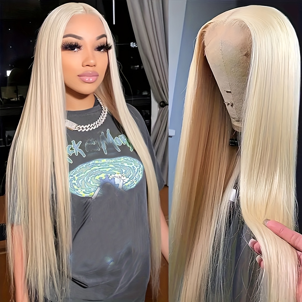 blonde long straight hair wigs 13x5x1 synthetic lace front  display picture 1
