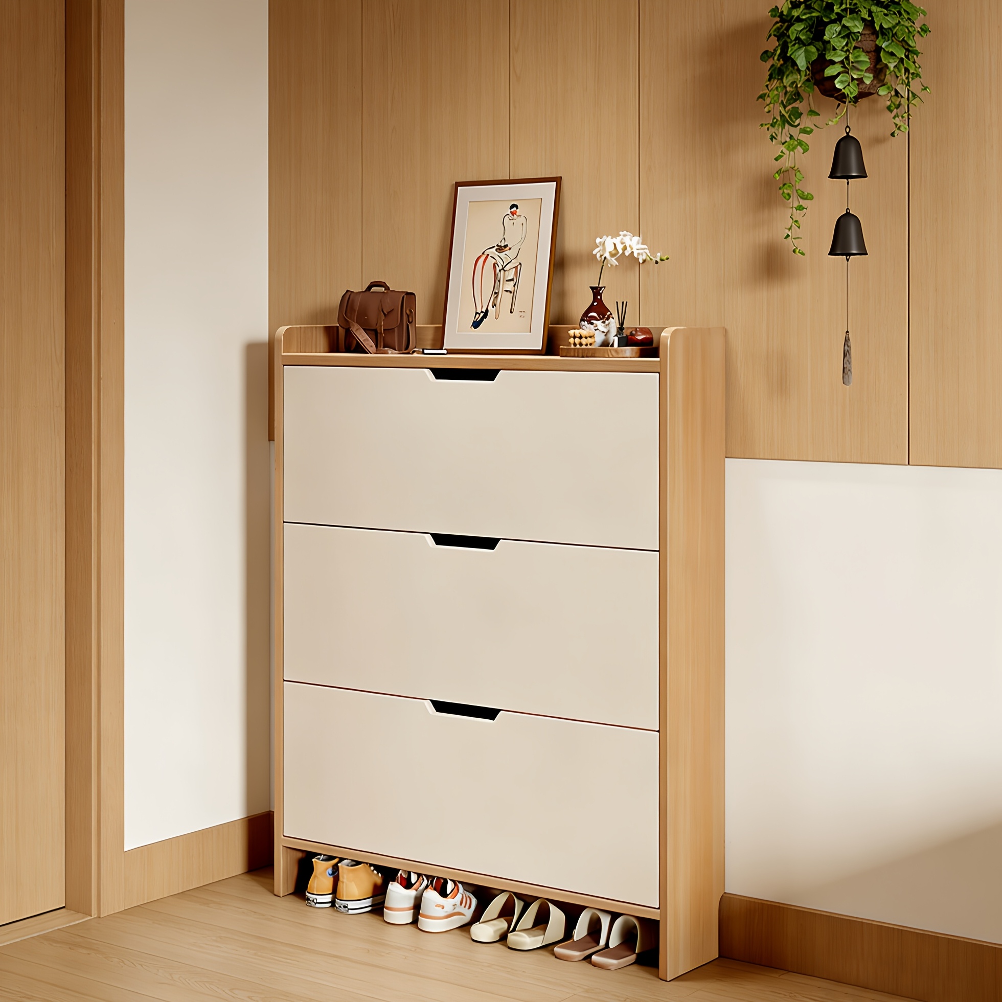 Image of Ultra-thin Flip-front Shoe Cabinet With Large Storage Space, Space-saving Design For Small Apartments, Stylish In Cream, For Hallway Entrance Area, 70 X 24 X 120 Cm