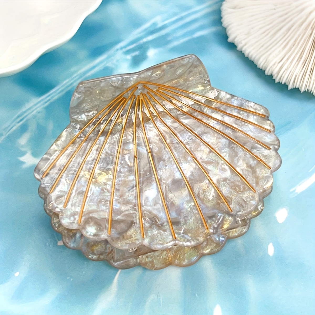 TEMU New Mermaid Color Versatile Beach--on Hair Accessory, High-end Large-sized Vintage Seashell Hairpin, Durable Hair Decoration, Suitable For Daily