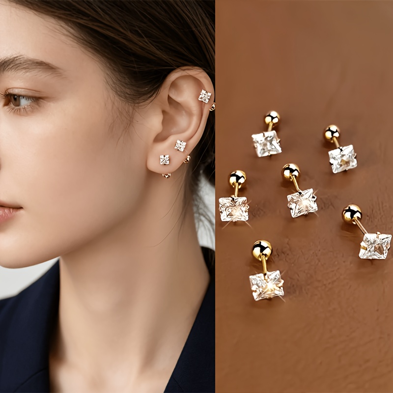 TEMU 6 Elegant And Small Stud Earrings Cartilage Earrings —316 Stainless Steel Material, 3 Sizes, Geometric Square Stud Earrings, Screw-on Small Ball