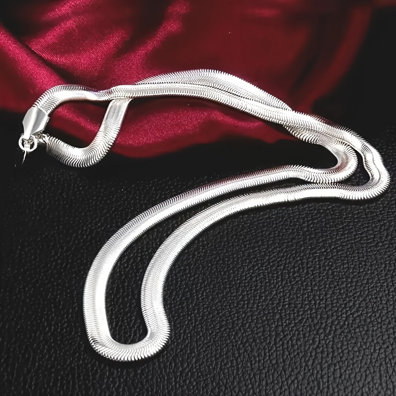 TEMU 2d Flat - 1pc A Stylish 925 Sterling Silver Flat Snake Chain Necklace, Without Feathers, Perfect For Weddings, Parties, Holidays, Christmas, And