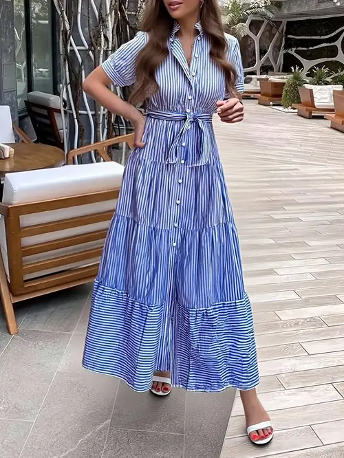 half button ruffle hem belted shirt dress maxi vacation beach outfits women | Shop Now For Limited-time Deals | Temu half button ruffle hem belted shirt dress maxi vacation beach outfits women | Shop Now For Limited-time Deals | Temu