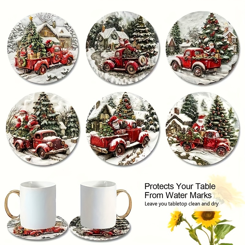 

6pcs Christmas Wooden Coasters - Santa & Designs | Heat-resistant Mats For Coffee Cups & Teapots | Ideal For Home & Cafe Use | Tea & Holiday Decor, Christmas Crafts