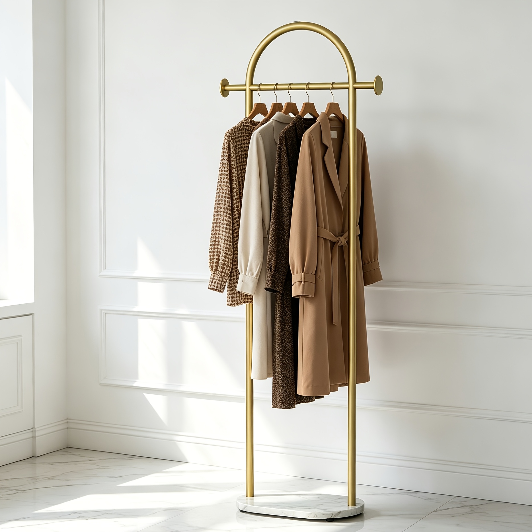 Image of Golden Clothes Rack With Shelf, Heavy-duty Freestanding Golden Metal Clothes Rack With 2 Side Hooks For Hanging Coats, Clothes, Bags, Hats, Modern Coat Rack Suitable For Bedroom, Office, Boutique