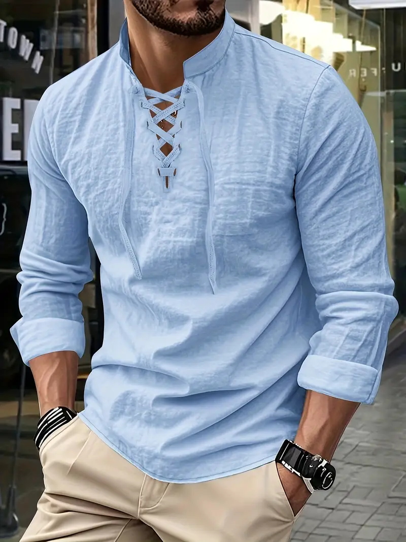 mens elegant linen v neck long sleeve t shirt with cross strap detail breathable regular fit for casual outdoor evening wear spring summer fall versatile top casual wear tee tshirt linen fabric t shirts Product details 0