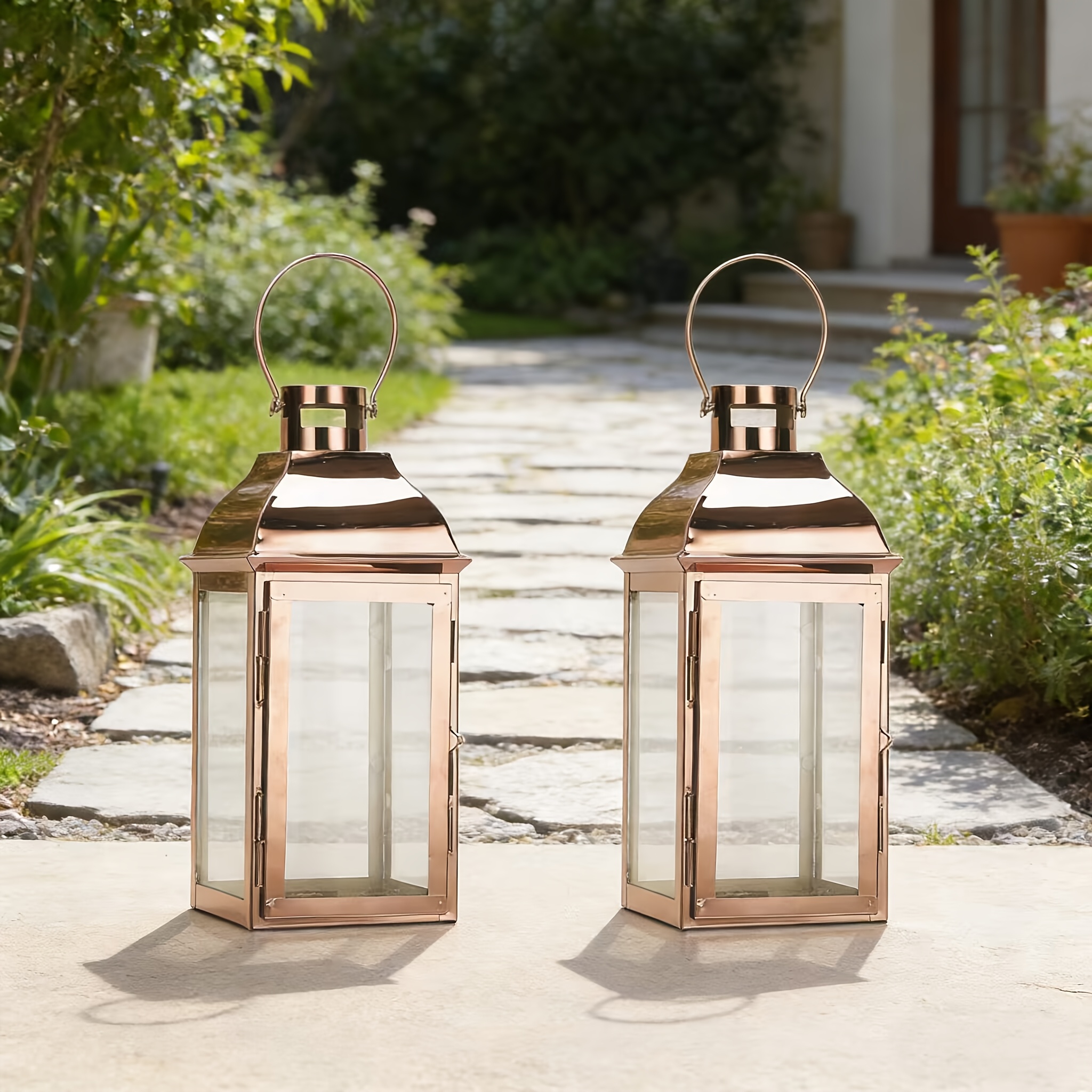 Image of 2pcs 15" Stainless Steel & Tempered Glass Candle Lanterns - Rose Hanging Tabletop/ Lamps Suitable For Indoor/outdoor Weddings, Parties, For Decor, Vintage For Holidays, Polished For Christmas, Easter