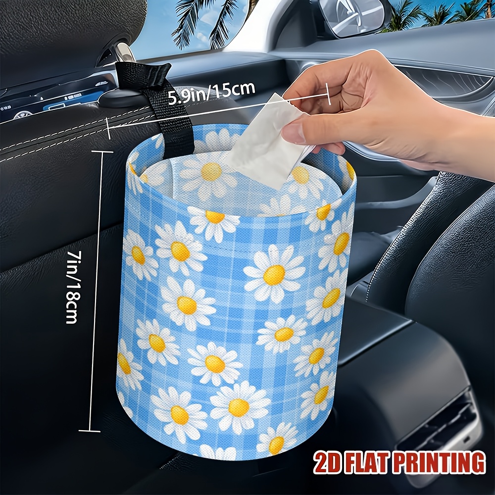 TEMU Waste Container Featuring A Blue Grid And White Daisy Design, Versatile Storage Basket, Suitable For Kitchen And Camping Use, Gender-neutral Car
