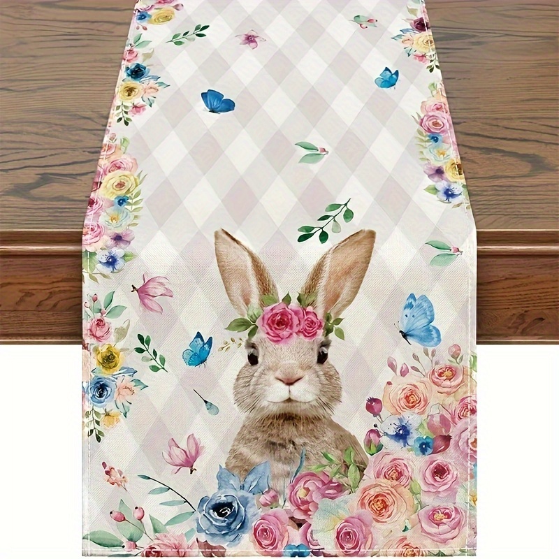 

Easter Table Runner, Easter Decorations Buffalo Plaid Bunny Flower Seasonal Spring Holiday Table Decorations For Easter Party Dining Table Decor