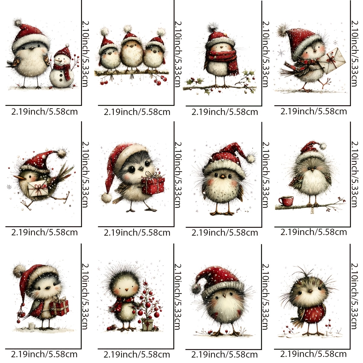 TEMU 12 Stk./Set Verspieltes Niedliches Vogel Weihnachtsmuster UV-Transfer - für Basteln, Tassen, Laptops & Wasserflaschen, Selbstklebendes Plastik,