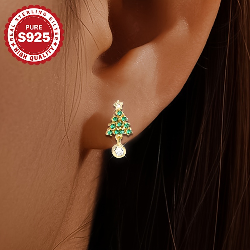 

Elegant Simple Christmas Tree Stud Earrings For Women, S925 Pure Sterling Silver, Synthetic Cubic Zirconia, Hypoallergenic, Ideal Gift For Christmas, Party Accessory - 1 Pair