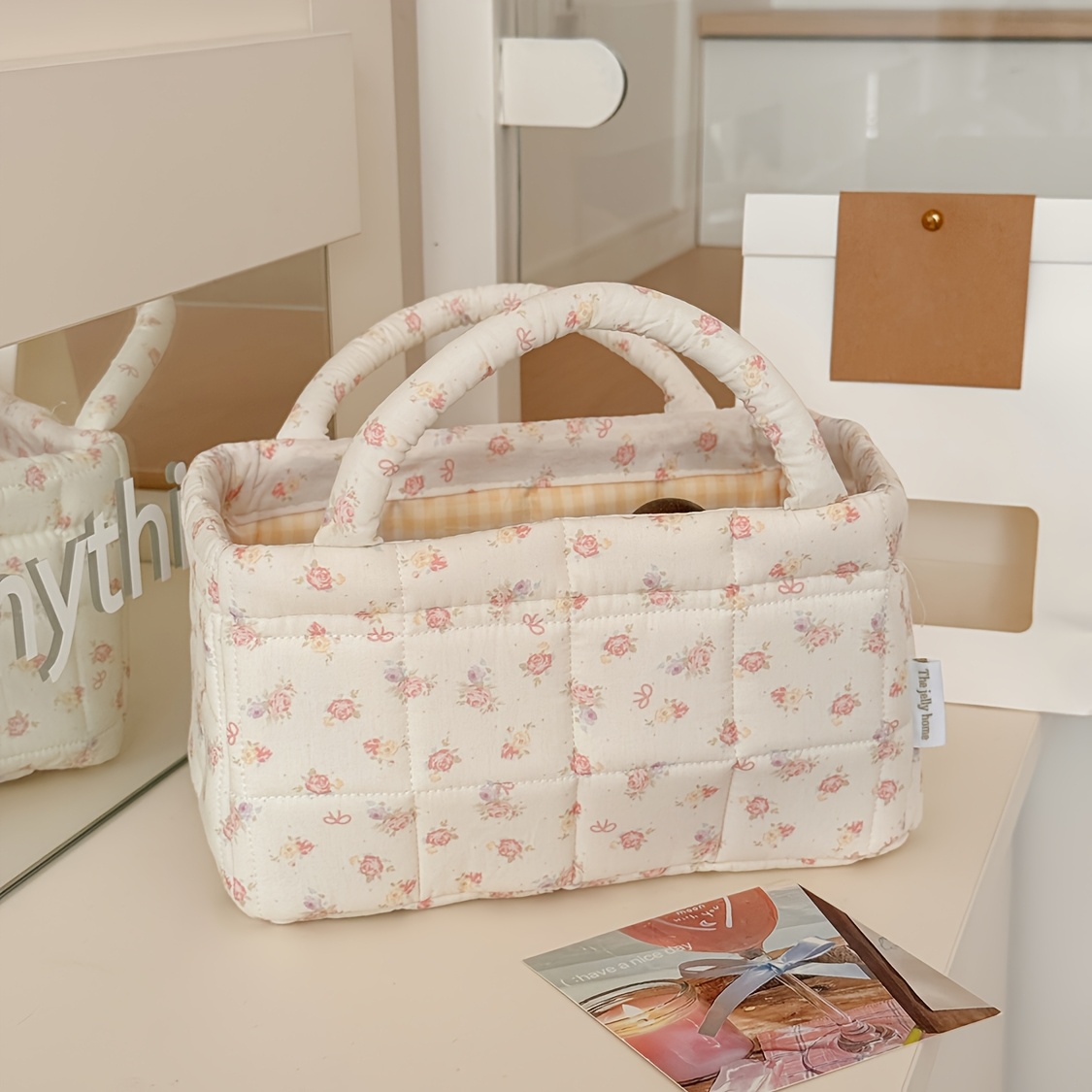 TEMU Rose Flower Series Storage Basket Fashionable High Aesthetic Home Floral Fabric Foldable Household Sundries, Toiletries, Cosmetics Handheld Open