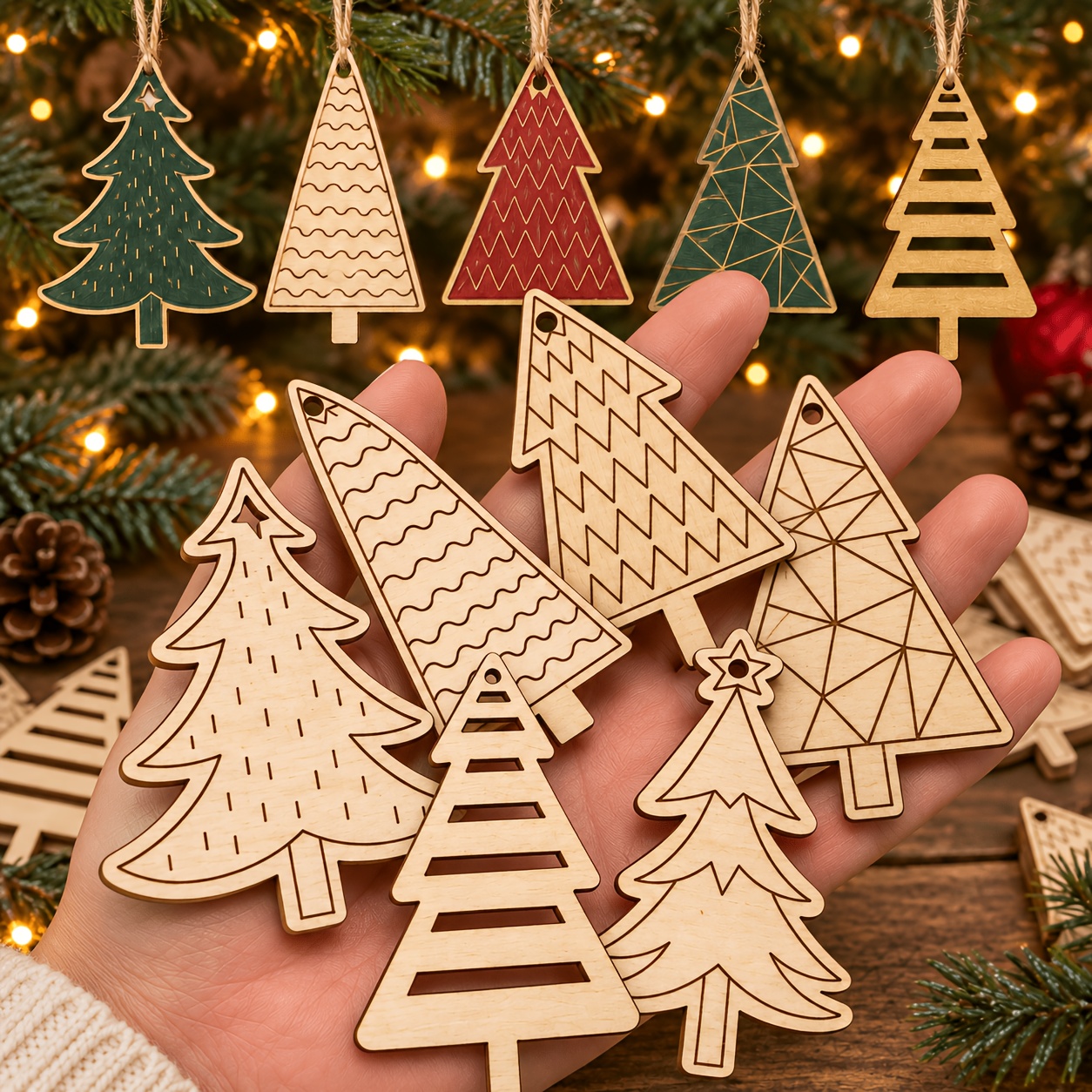 TEMU 15pcs Set Of Large Size Mixed Wooden Christmas Tree Shaped Ornaments, Very Suitable For Hanging During Holidays, Wooden Decorations For Holiday