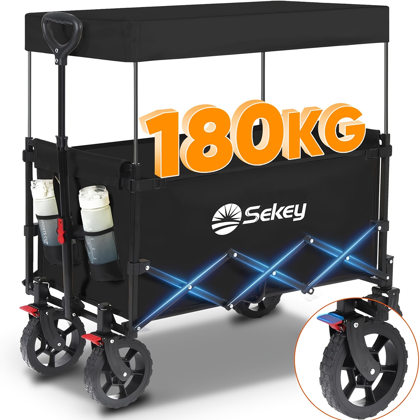 250l Large Folding Camping Trolley With Removable Canopy, Heavy-duty Collapsible Wagon Cart Loadable Up To 180kg, Patented Four-directional Foldable