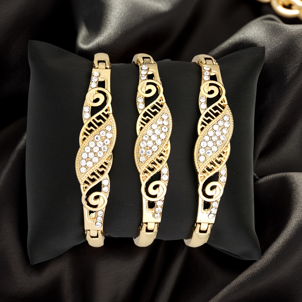 3 Women's Fashion Open Bangles Easy Middle Eastern Arabic Style Alloy Shiny Rhinestone Inlaid Suitable For Bridal Wedding Holiday Wear Jewelry