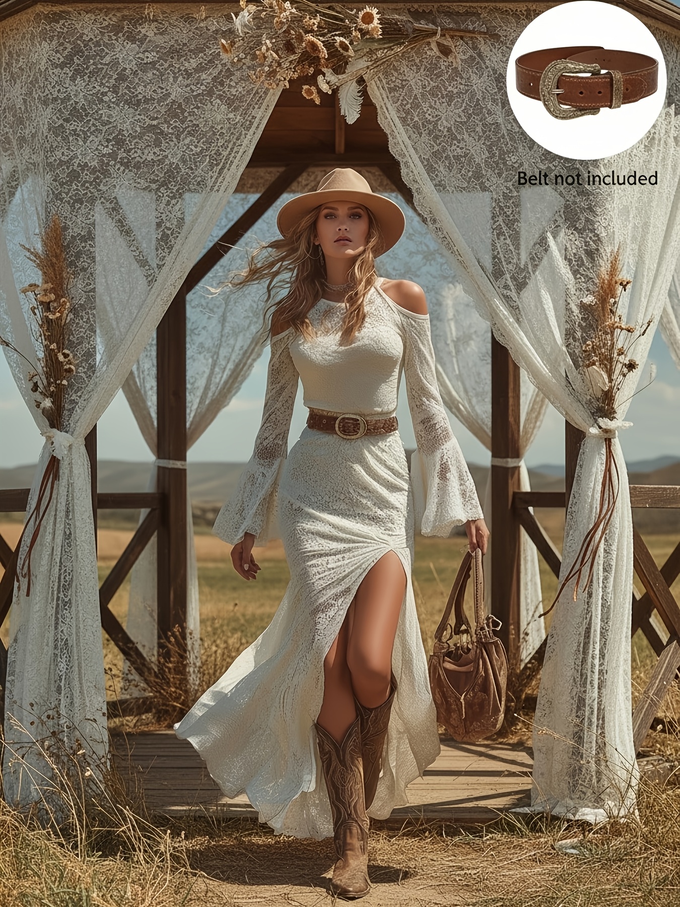 Spring/Summer Western Vintage Women's Dress, White Lace Off-Shoulder Dress  with Flared Sleeves and Slit Design, Women's Niche Vacation Wear, Bohemian  Style Fashion + YTD Cherry