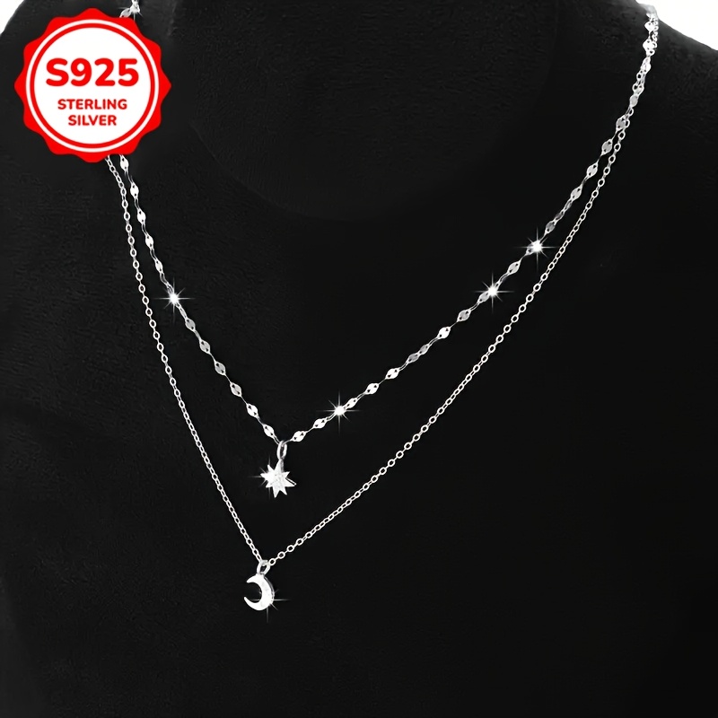 Women's S925 Silvery Double-Layer Star & Moon Pendant Necklace