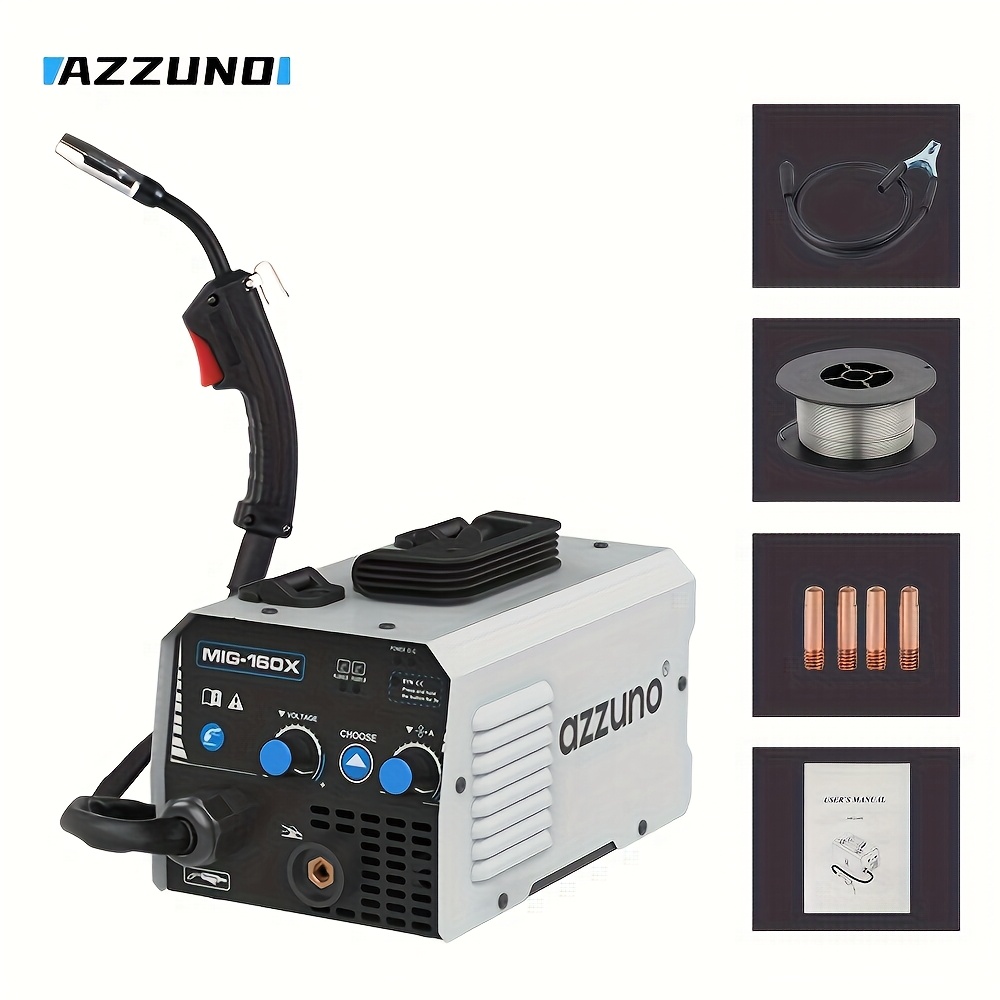 Image of The Azzuno Mig-160x Is A Gasless Flux Core Welder Featuring -button Operation And A , Ideal For Welding Railings, Frames, Sheds, And Galvanized Pipes