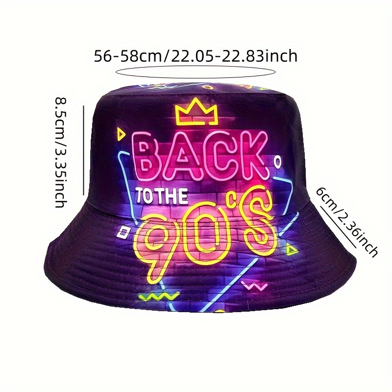 back 80s 90s neon cityscape bucket hat double sided print Temu