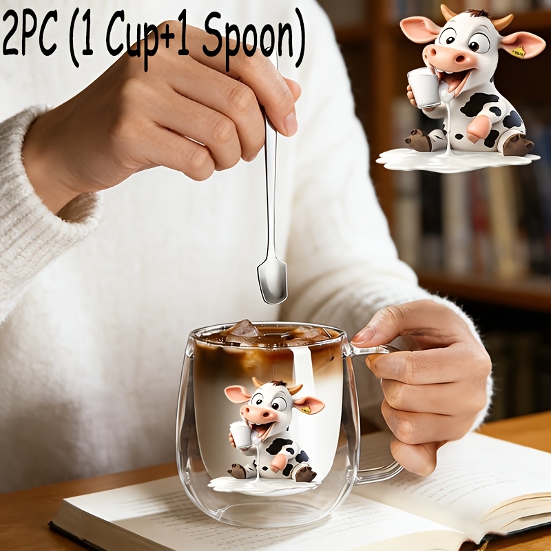 TEMU 2pcs(1pc Glass Cup 1pc Spoon),insulated Double-walled Borosilicate Reusable Water Cup With Handle,large Capacity Clear Coffee Mug For Beverages