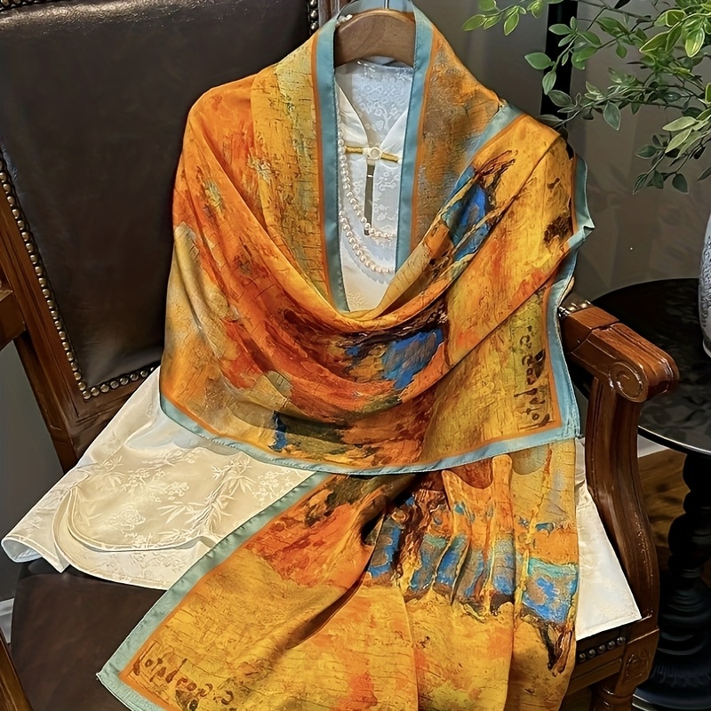 Image of Women's Fashion Autumn Leaf Wind Pattern Summer Thin Breathable Soft Pure Silk 100% , Versatile Decorative Elegant Temperament Long Shawl, Perfect Gift For Mom
