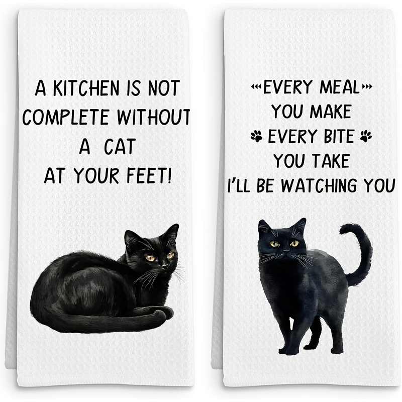 TEMU 2pcs Cat-themed Kitchen Towels Suitable For Kitchen & Bath - Soft Tea Towels With Black Cat Decor, Machine Washable Rectangular Suitable For Cat