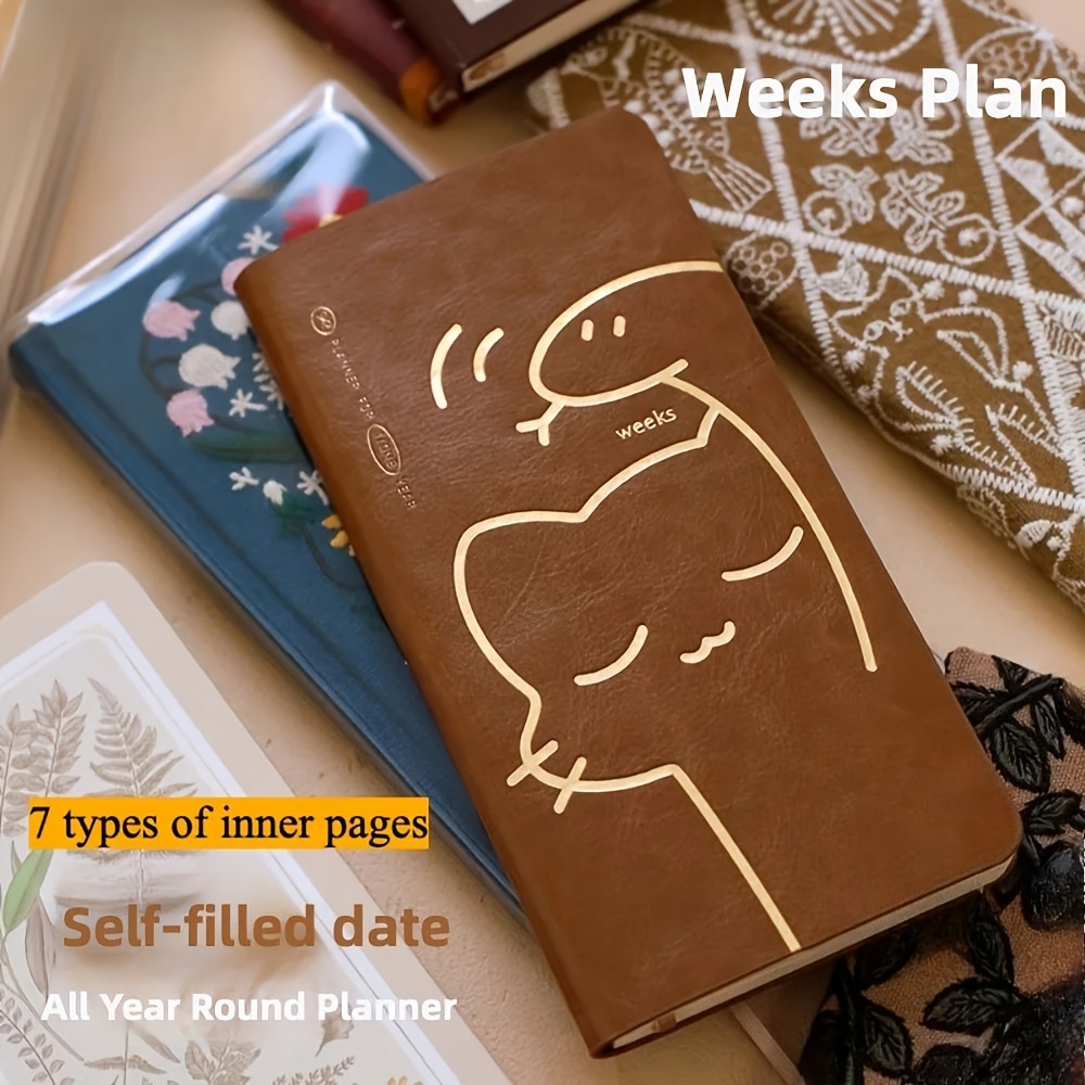 TEMU ANNYKEEY 7 Types de Pages Intérieures Cuir Agenda Hebdomadaire Cahier Chat Élément PVC Transparent Couverture de Protection