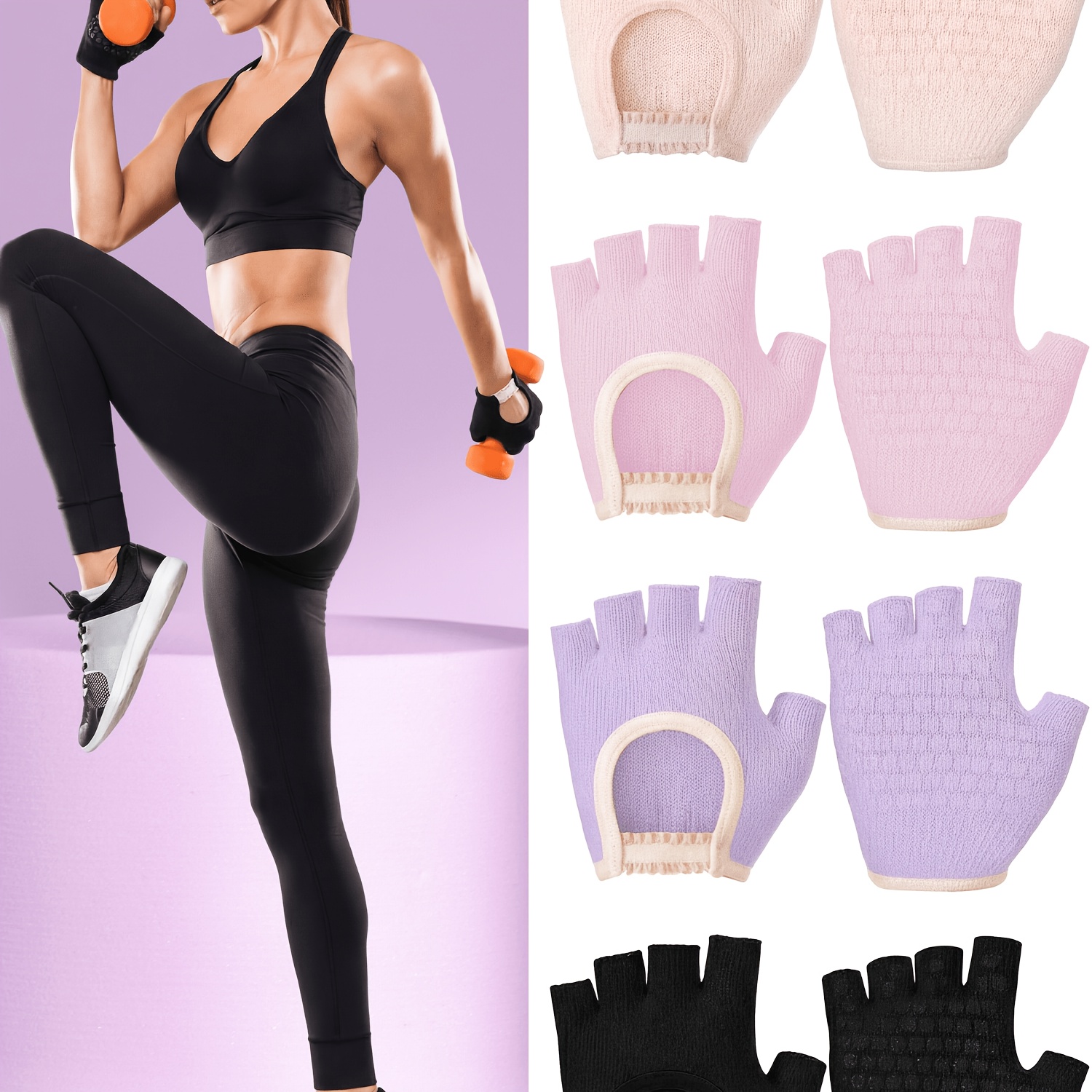 4 pairs pilates gloves with grips for women non slip fingerless silicone yoga gloves for gym exercise workout weight training mitten fits women pink purple beige black