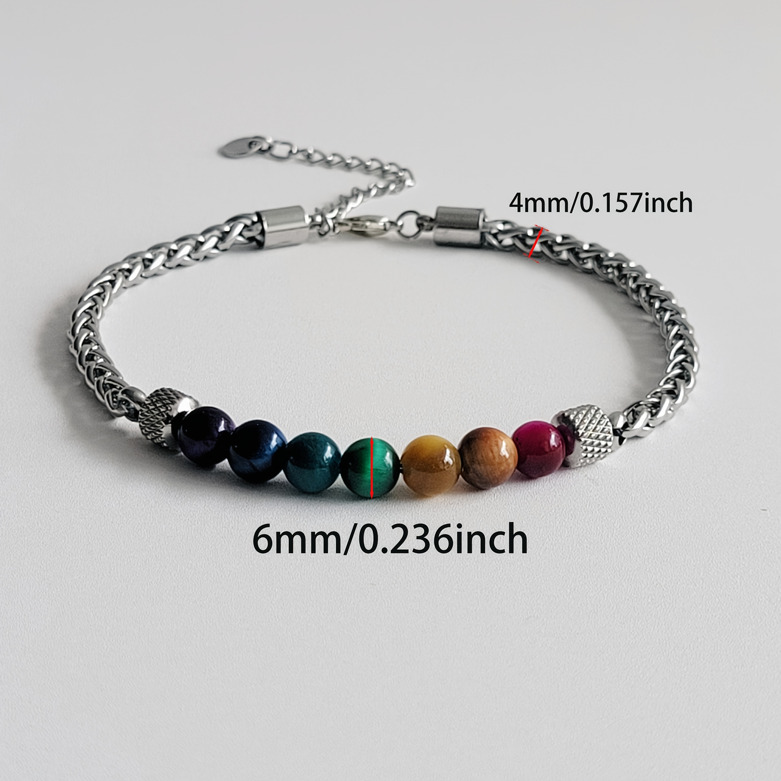 TEMU Adjustable Stainless Steel Cuban Link Bracelet With 7 Chakra Natural Tiger Eye Beads - Rainbow Jewelry, Colors, Titanium