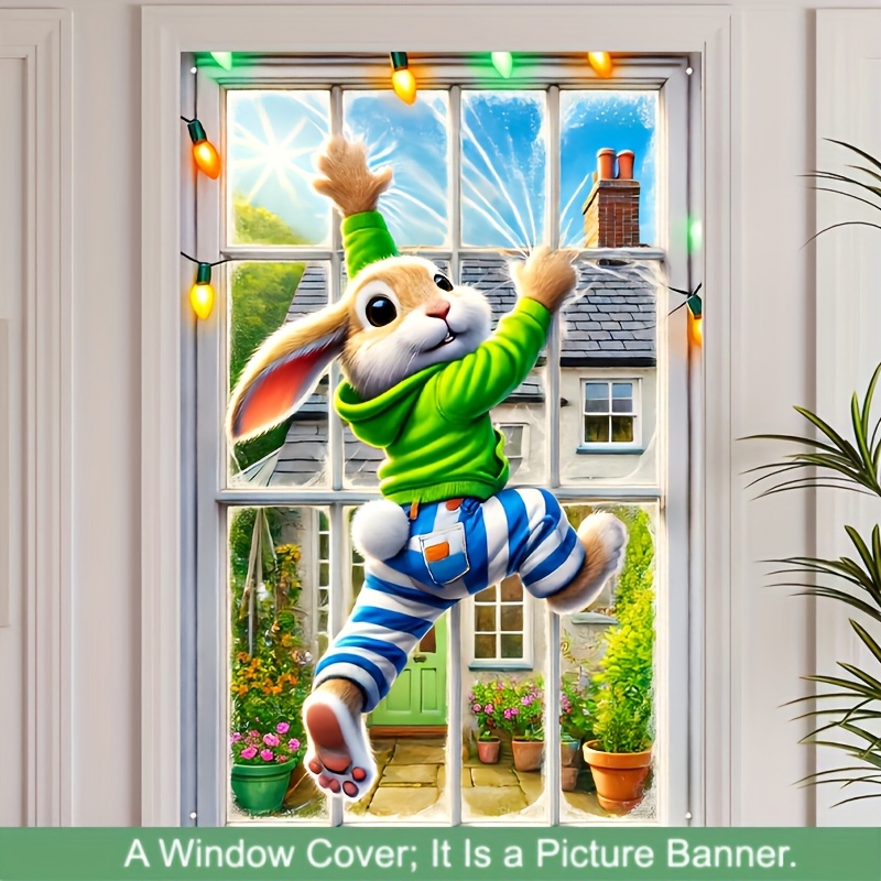 

Easter Bunny Window Cling Banner - " .2" Polyester, , No Power Needed, Vibrant Decor With Green-striped Bunny And Clothing Design, Rabbit Accessories