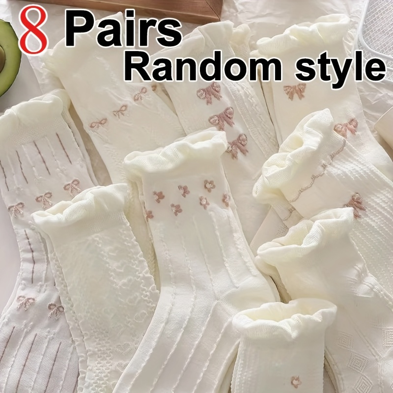 E-shop 8 Paar niedliche und elegante Damen Mid-Calf Socken. Mit modischen Schleifen und kleinen Blumenmustern. Diese exquisiten und süßen
