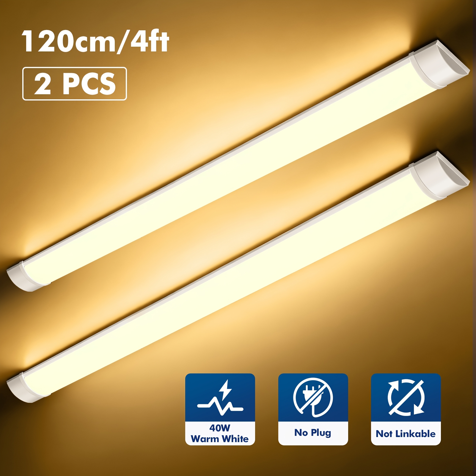Image of 2-pack 120cm Led Garage Light, Led Ceiling Light, 40w 4000lm, Warm White 3000k, Ceiling Strip Light, Suitable For Garages/workbenches/basements, .