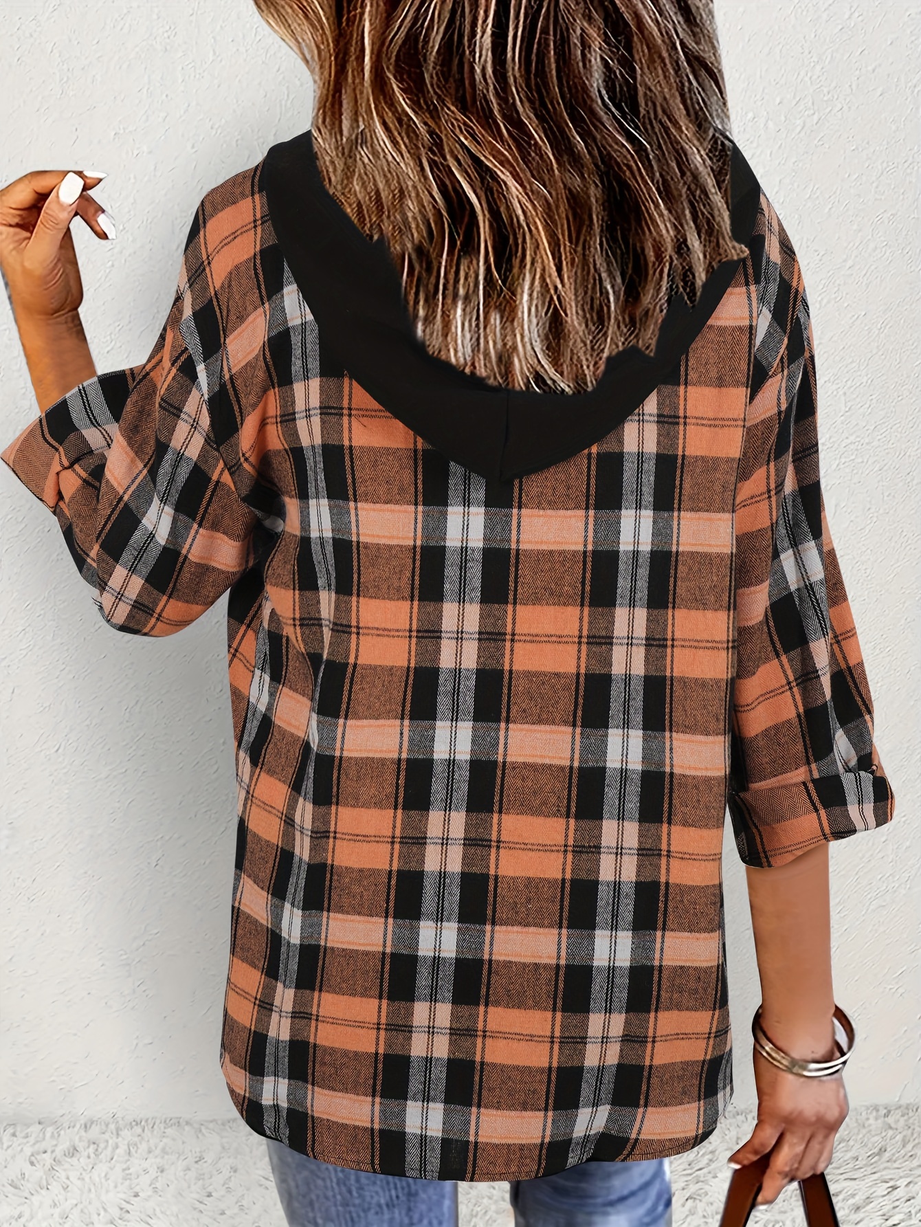 plaid print hooded blouse casual long sleeve blouse for spring fall womens clothing details 0