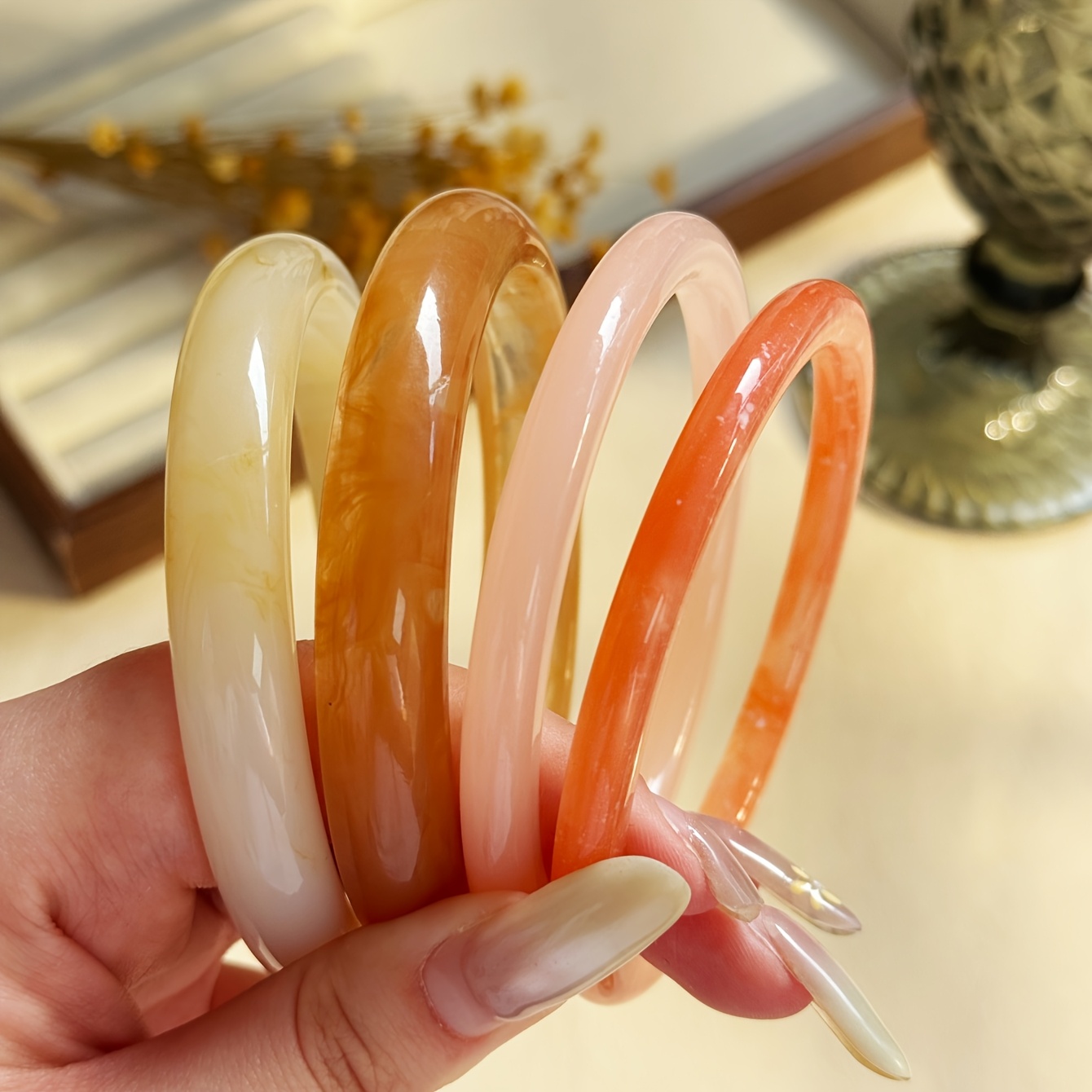 4pc Minimalist Resin Bracelet Set, Vintage Marbled Style