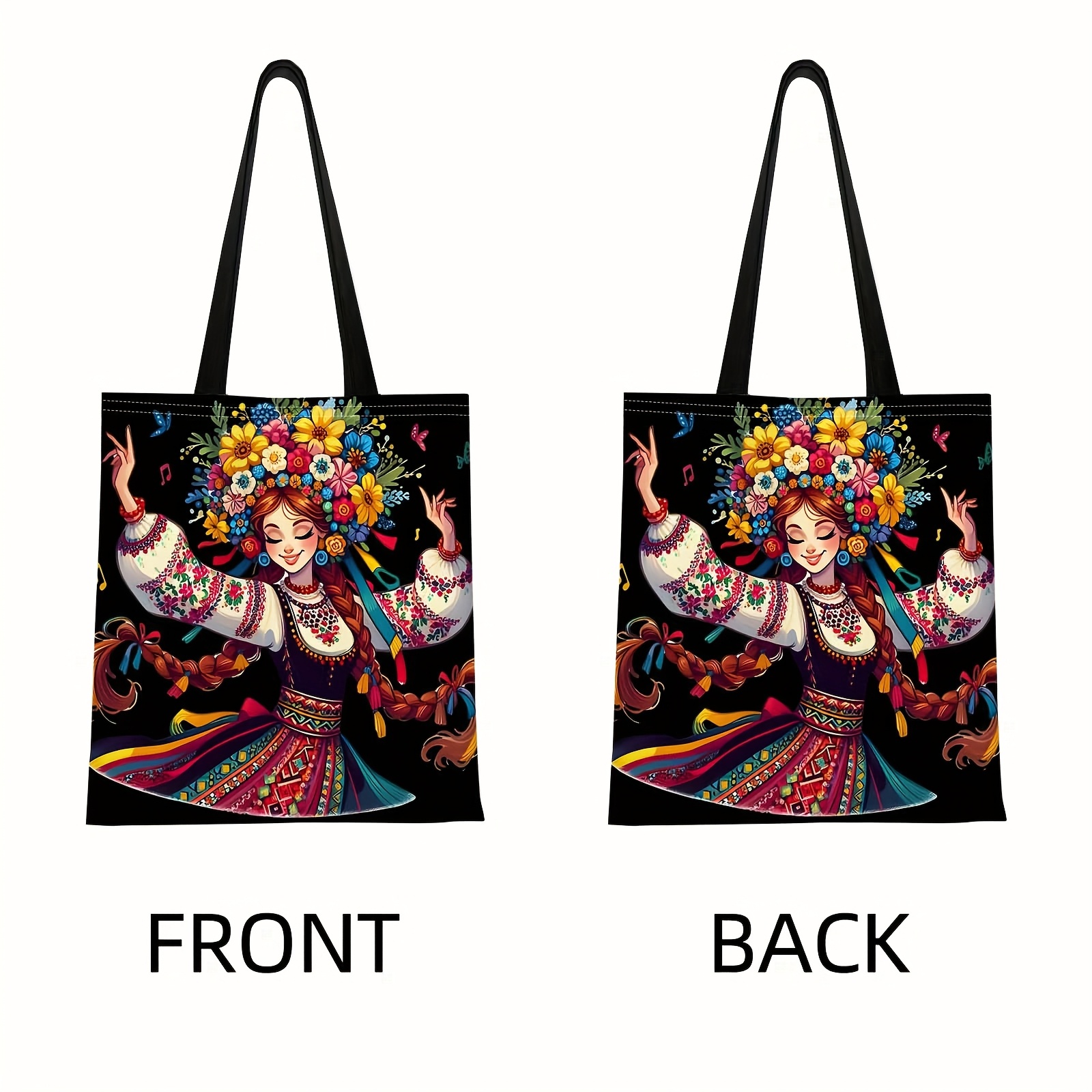 TEMU Bolso de con un traje tradicional ucraniano, corona floral y estampado de figura , para actividades al aire libre y compras. Ideal para