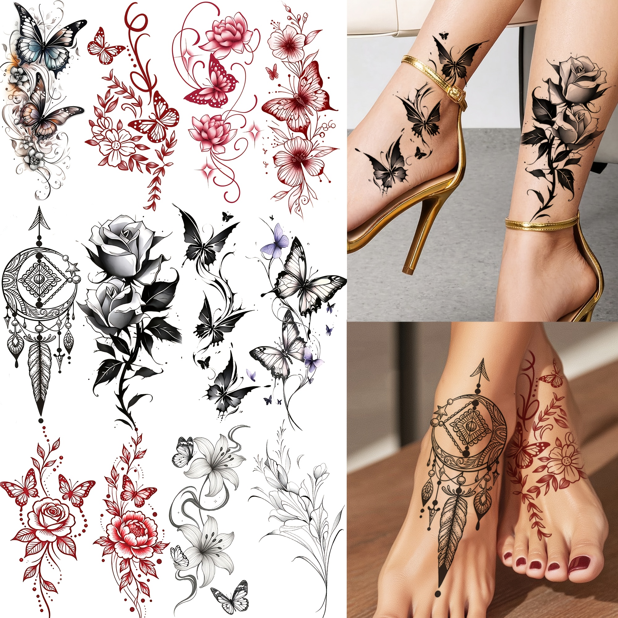 TEMU 12 Feuilles de Magnifiques Tatouages Temporaires 3D Papillons et Fleurs pour Femmes Adultes, Pieds, Mains, Art Corporel, Autocollants de Faux